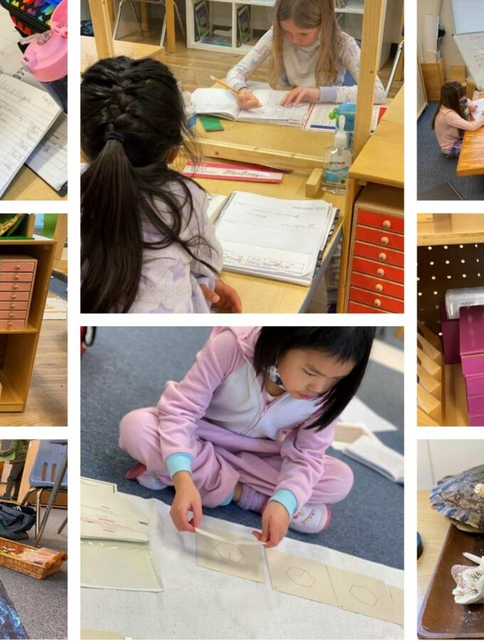lower elementary montessori students completing work with montessori materials in a peaceful classroom
