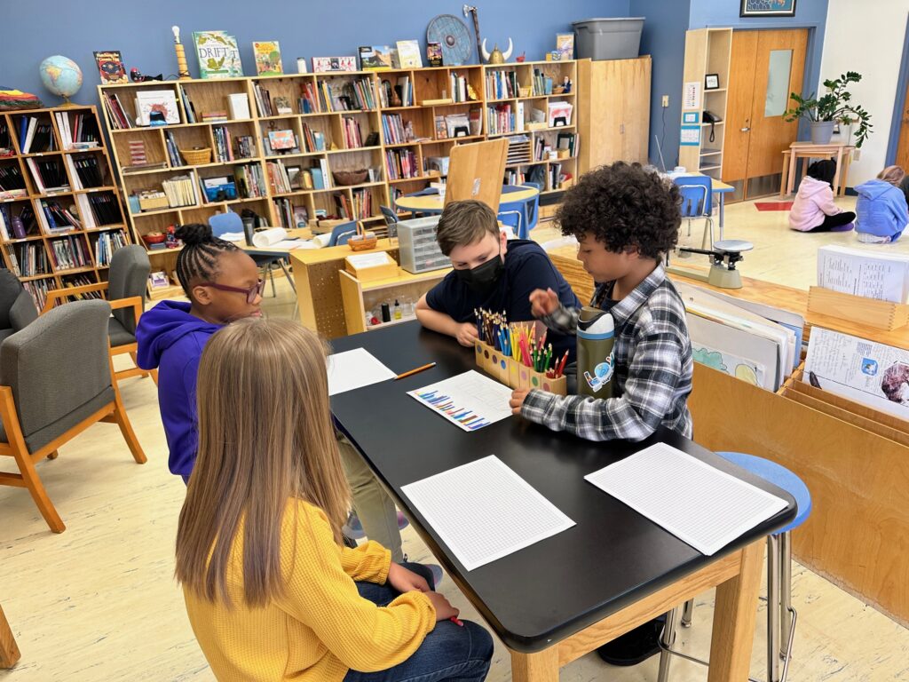 Students do a pi city activity graphing the digits of pi at Chesapeake Montessori School in Virginia.