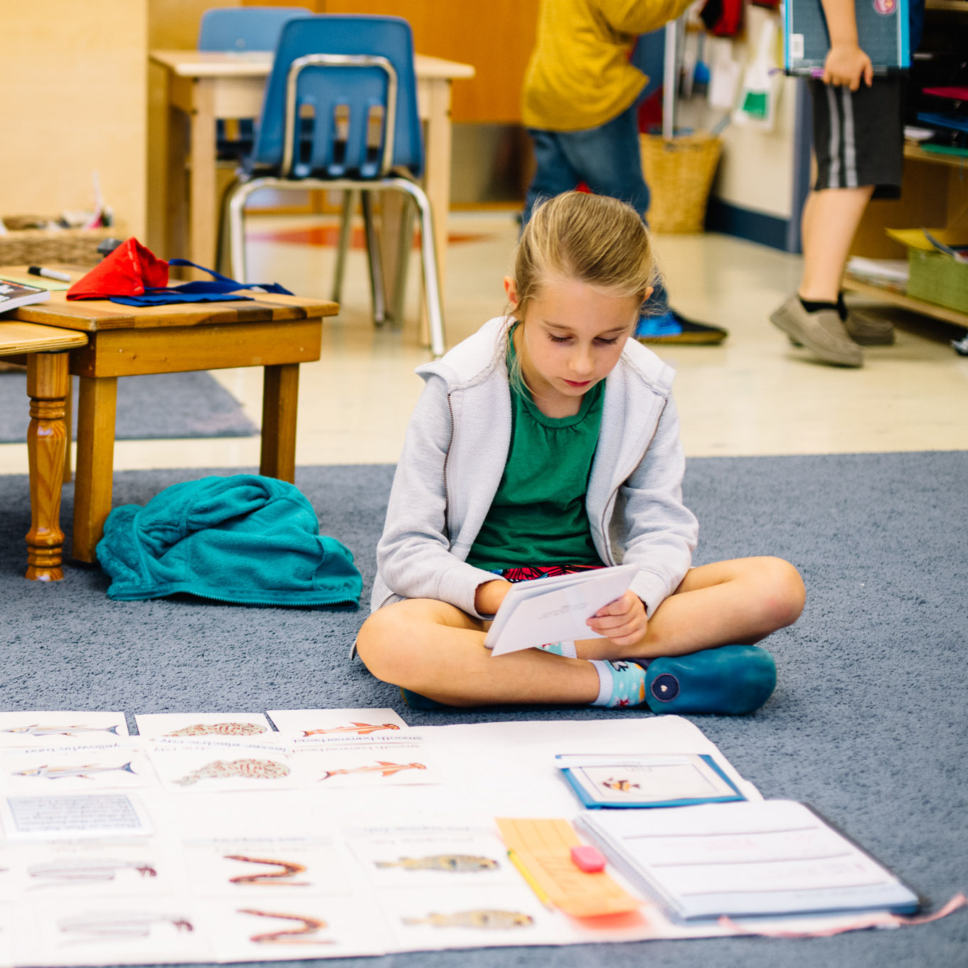 A student studying notes.