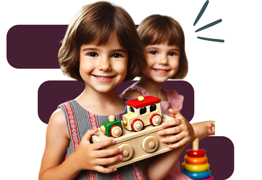 Two young girls holding wooden toys.