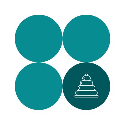 Four teal circles are arranged in a square; the bottom right circle is darker and contains a white line drawing of a ring stacking toy.