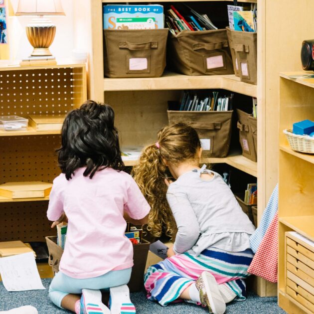 Two young students going through a shelf.