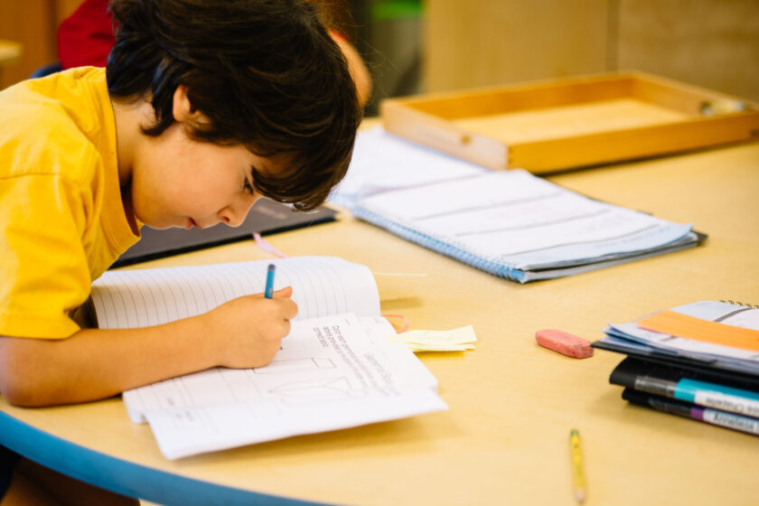 A young student working on homework.