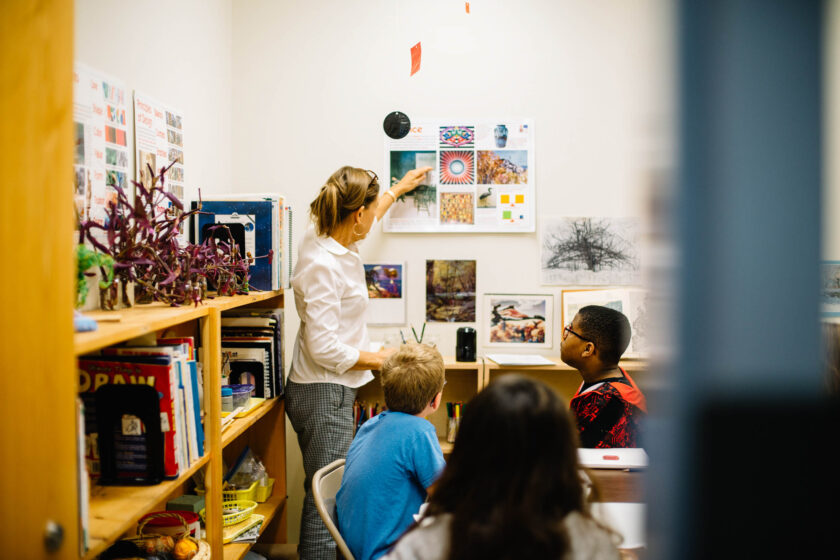 A teacher showing students a poster.